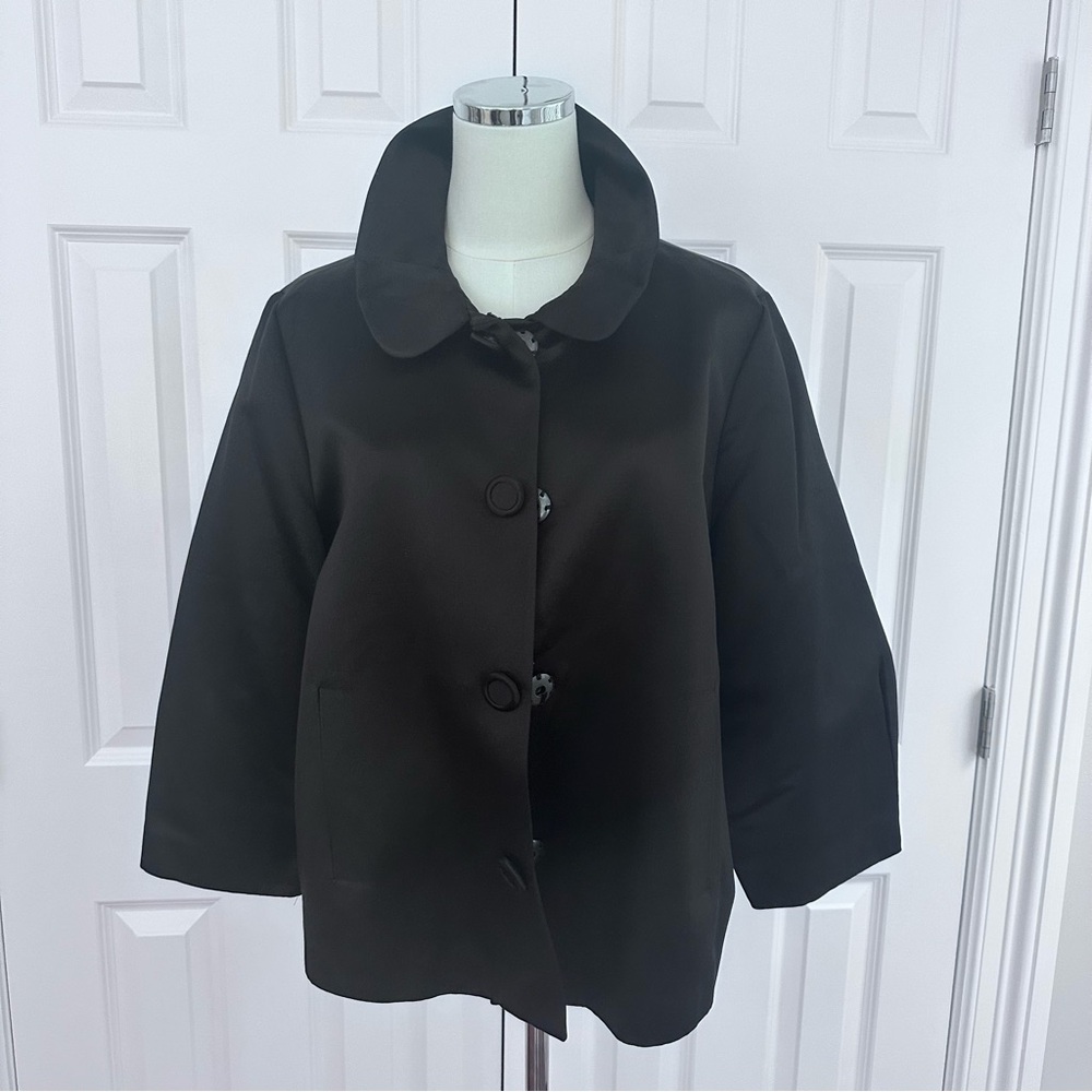 Liz Claiborne Black Satin Silk Cotton Classic Pea Coat Swing Silhouette Size XL
